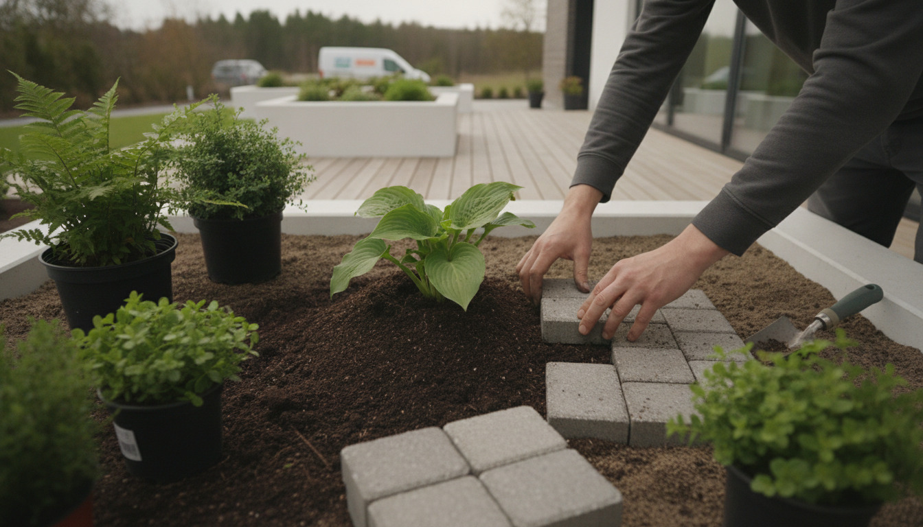 Tæt optagelse af gartnerens hænder, der planter en grøn plante i jord blandt potter og fliser på en terrasse.
