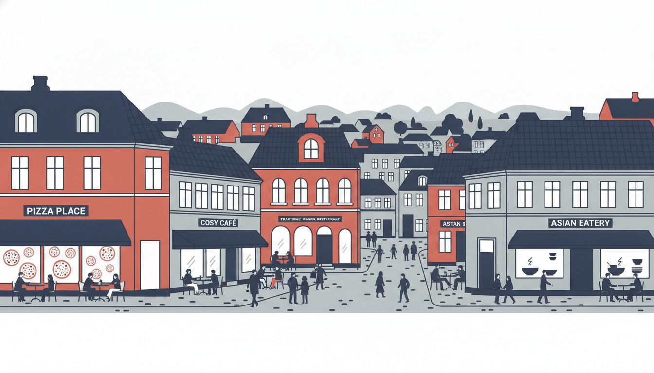 Livligt gadebillede fra Adelgade i Hobro med forskelligartede spisesteder—rød pizzarestaurant, hyggelig café, dansk restaurant og asiatisk spisested—med udendørs servering, spisende gæster og charmerende byprospekt i baggrunden.