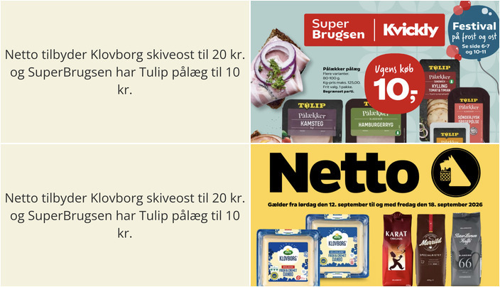 Netto tilbyder Klovborg skiveost til 20 kr. og SuperBrugsen har Tulip pålæg til 10 kr.