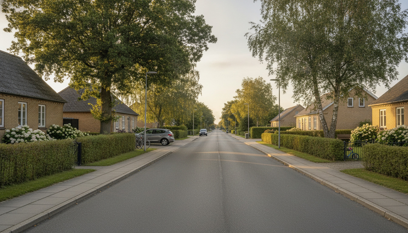 Lukket boligvej med træer, hække og huse – generisk dansk landsbyfølelse.