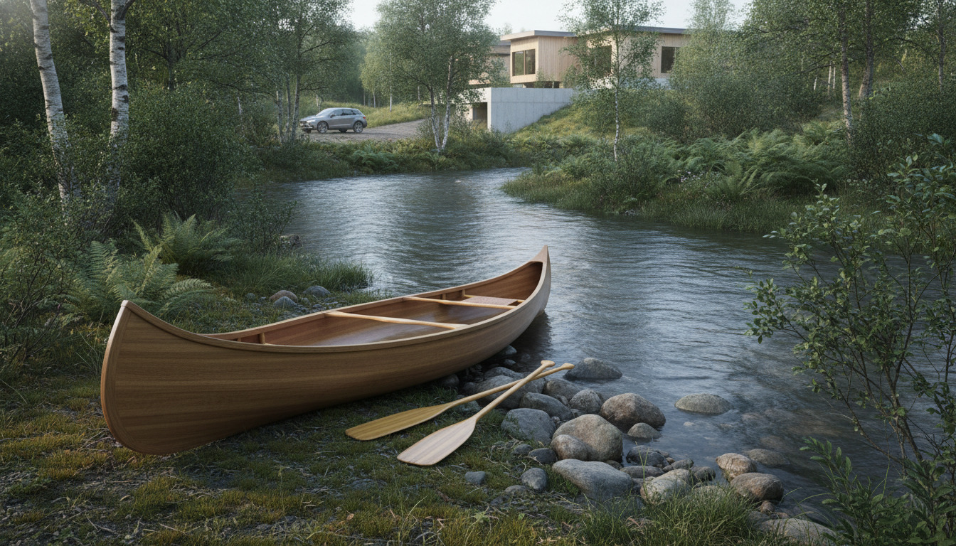 Træbåd med årer ligger ved en flodkant med bløde sten og grøn vegetation omkring.