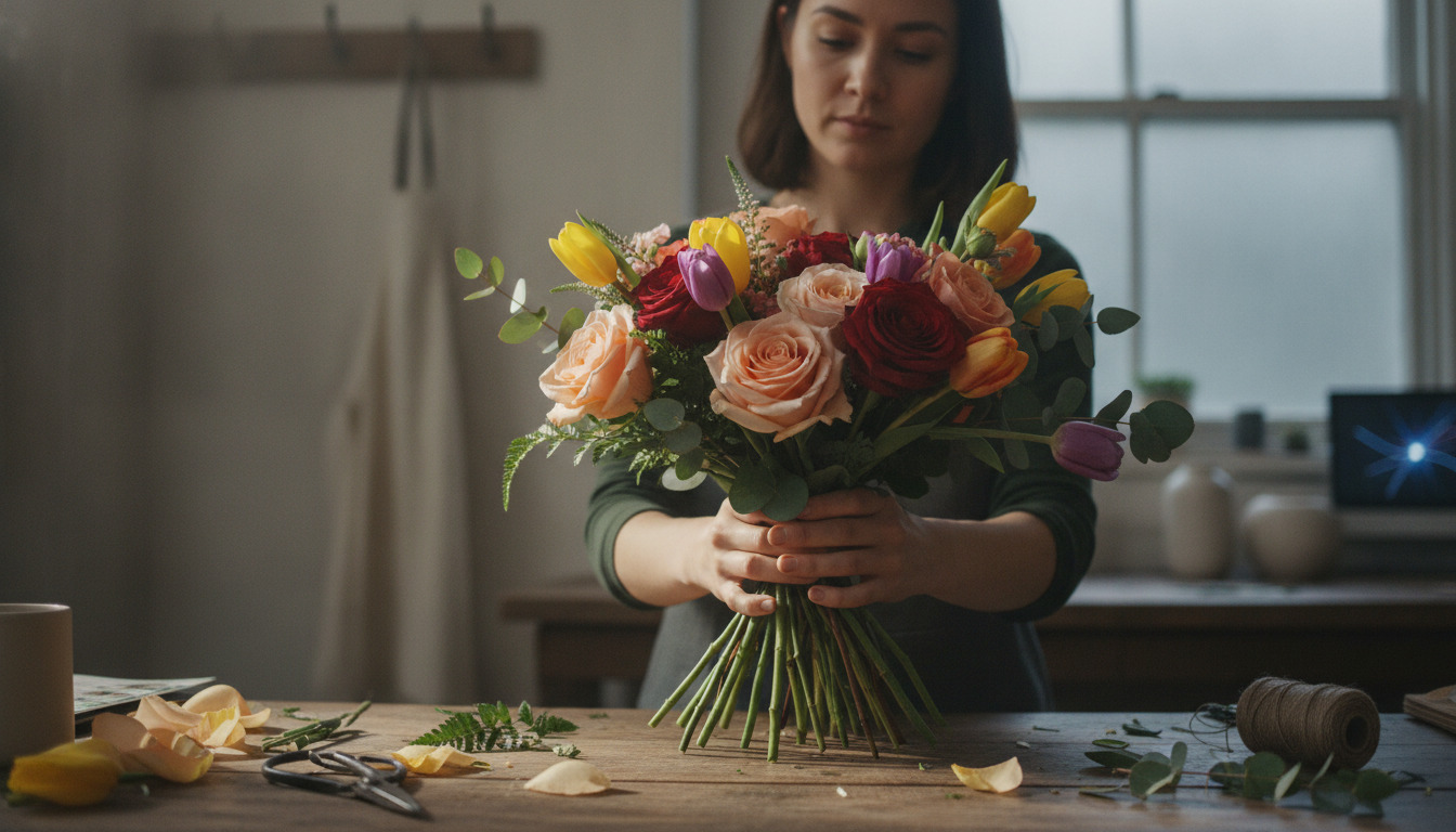 Blomsterartikels hænder holder en farverig blomsterbuket med roser, tulipaner og grønt på arbejdsbord.