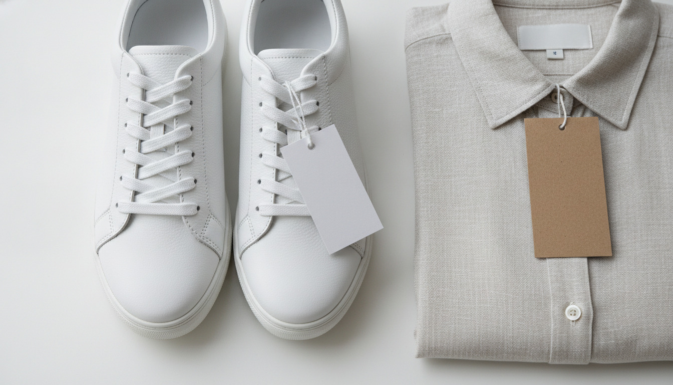 Hvide sneakers og beige skjorte med blankoprisedkort på hvid baggrund.