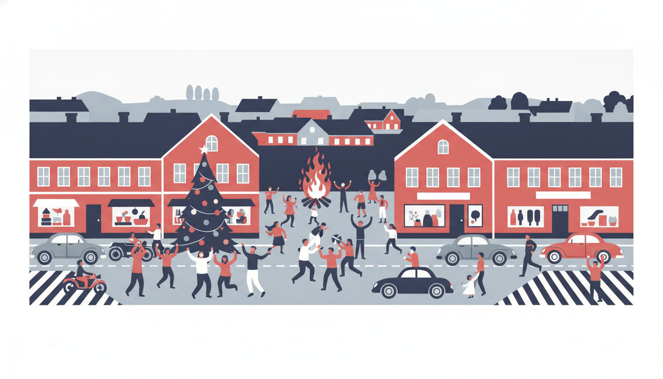 Livlig torv i Allingåbro med festlige mennesker, der fejrer omkring et pyntet juletræ og sankthansblus, veteranbiler og motorcykler parkeret i nærheden, røde mursten-bygninger med butikker langs torvet.
