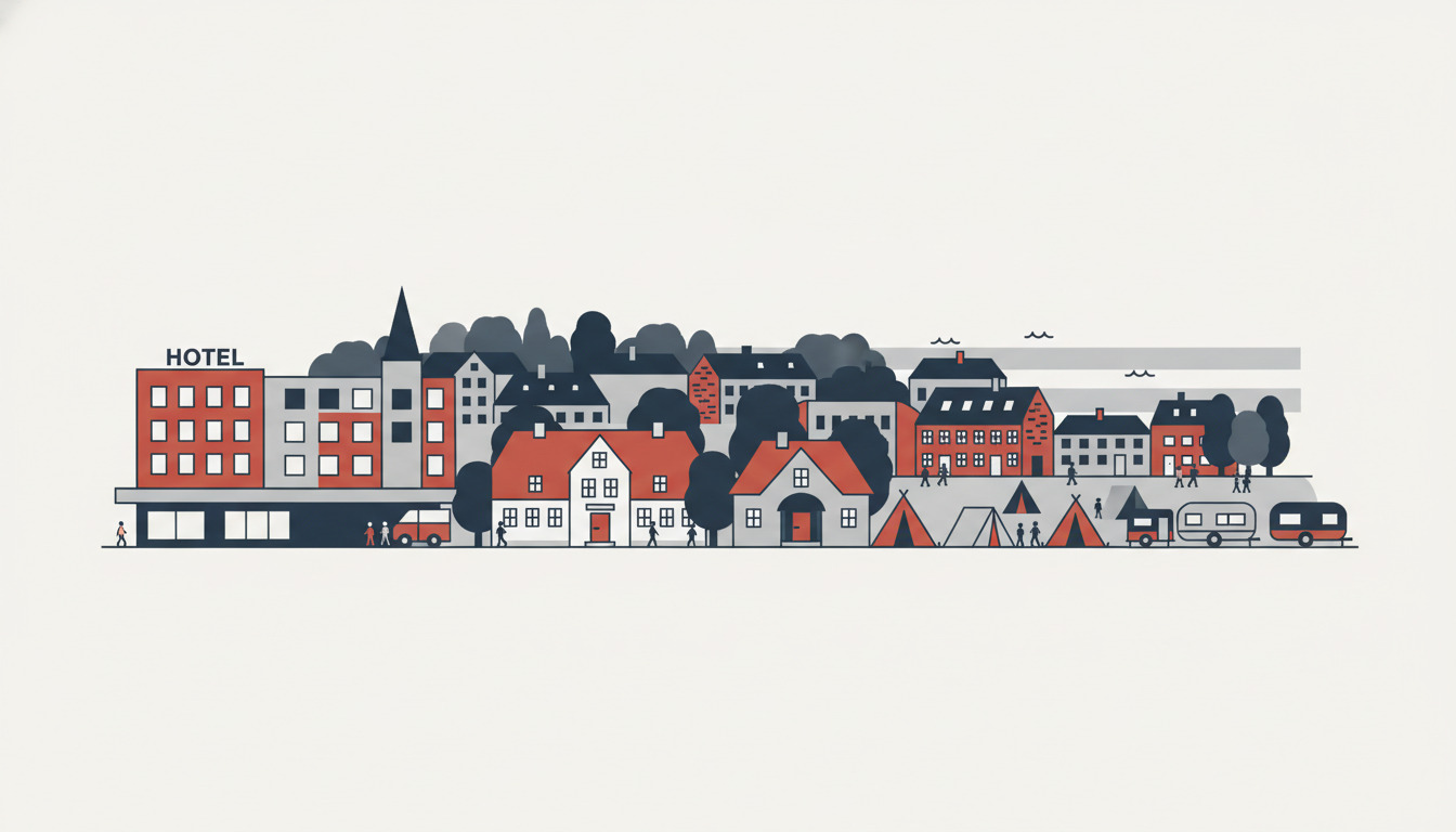 Flat-vector illustration av Hobro's overnatning: rødt og grått hotel med label, traditionelle huse, camping med telte og campingvogne, mørkegrå træer. Små bølgesymboler antyder fjord.