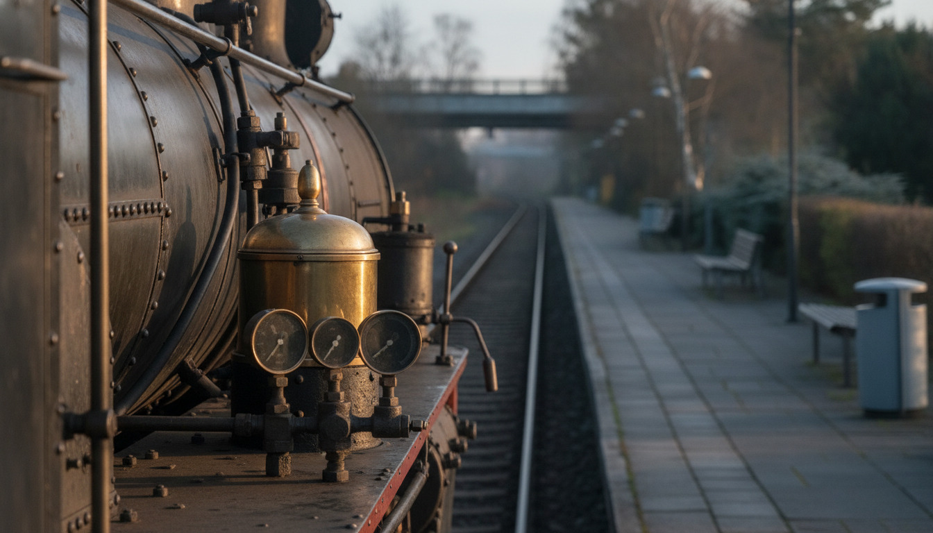 Detalje af античный damplokomotive med messingfittings, målere og nitter i varm lys.