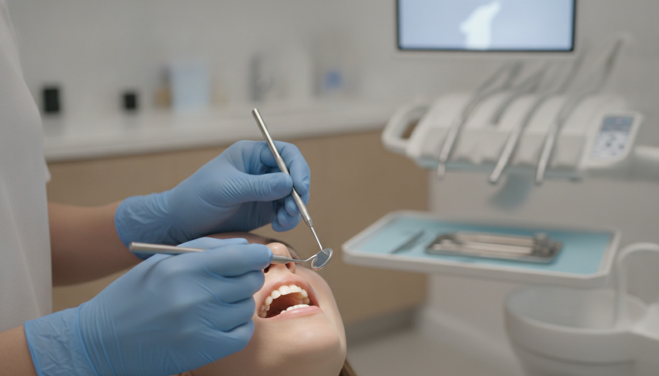 Tandlæges handskebehandlede hænder holder dentale instrumenter ved en åben patientkæbe i klinisk miljø.