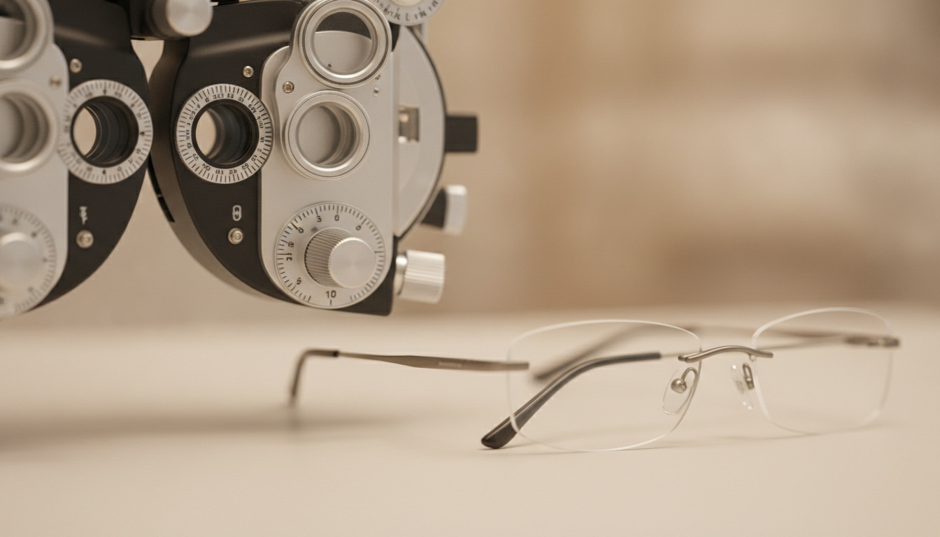 Optometristudstyr med linsehjul og briller på neutral overflade i klinisk lys.
