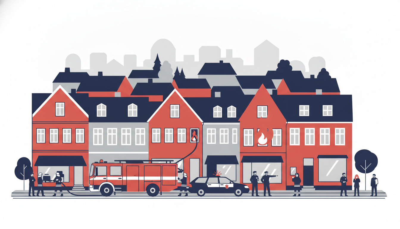 Fåborg gadebillede med rødt mursten byhuse, brandkøretøj og politibil med beredt personale, der viser koordineret indsats fra redningsberedskabet.