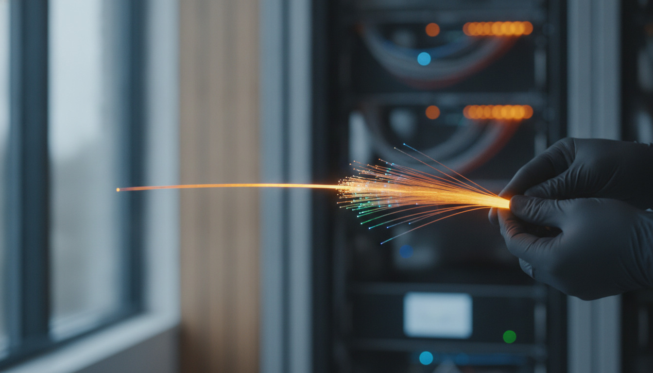 Nærbillede af hånd, der holder et lysende fiberoptisk kabel med glødende lys, udstyrsudnyttelsesskab i soft fokus bag ved.