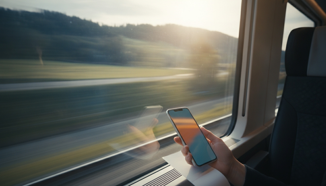 En hånd holder en smartphone ved et togvindue med landskab uskarpt i baggrunden.