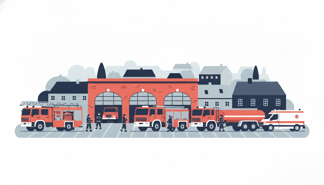 Fladt vektorillustration af Galten brandstation med røde nødkøretøjer, brandmænd, vandtanker og ambulance parkeret uden for det orange-muret stationsbygning, med byens tage i baggrunden.