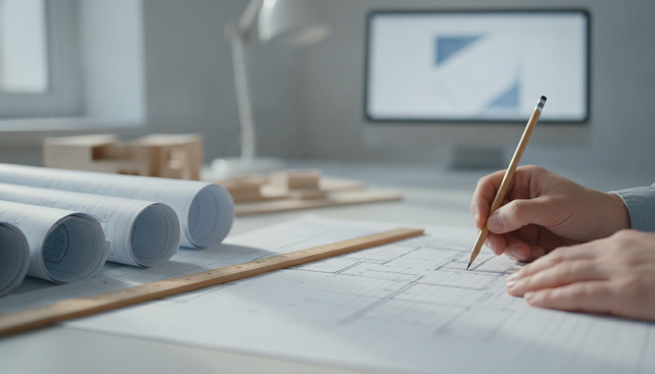 Arkitekts arbejdsbord med tegninger, rullet blueprint og hænder, der skitserer bygningsplan med blyant.