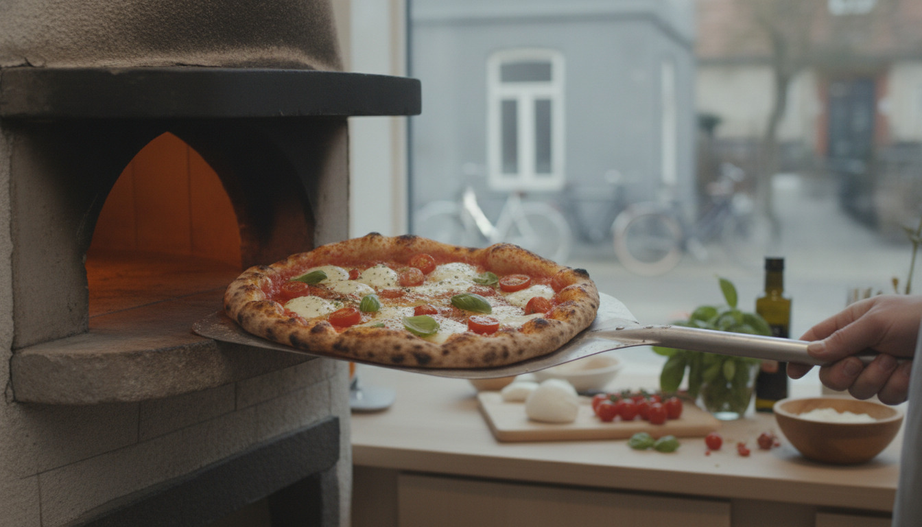 Nybagt pizza bliver taget ud af ovn med meltet ost og friske toppings på arbejdsbord med ingredienser.