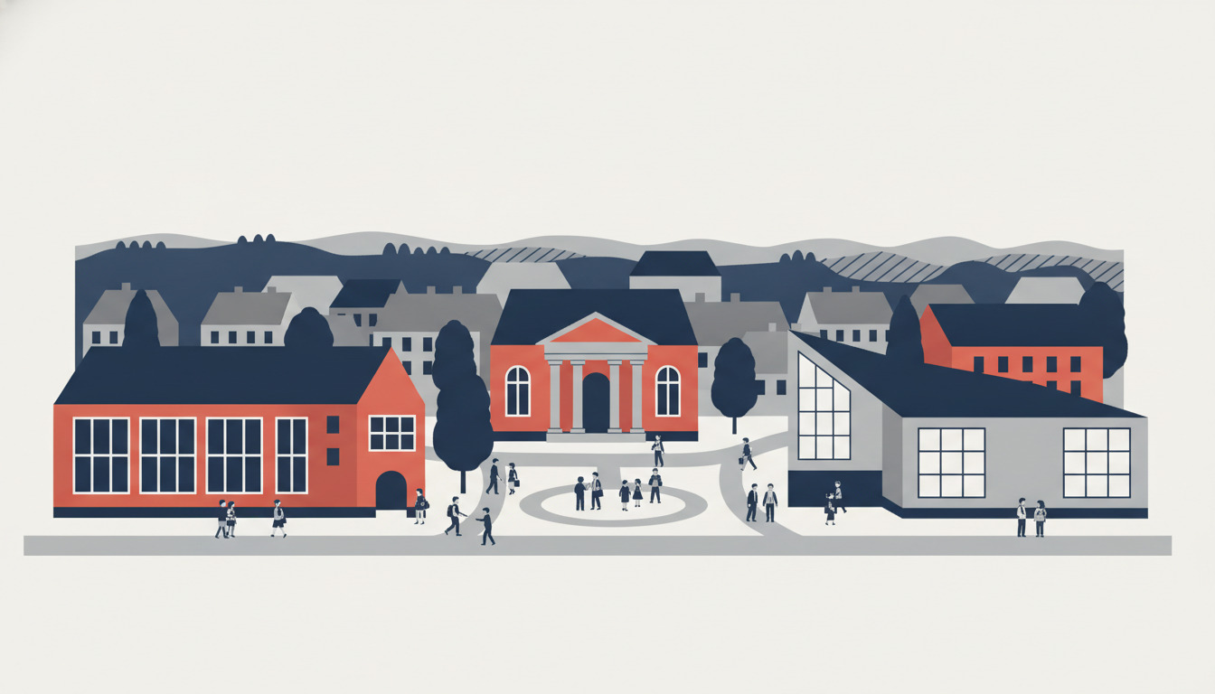 Fladtvector-illustration af Tønders uddannelsescluster: rødbakkens grundskole med store vinduer, klassisk rødt tag gymnasium med søjlet indgang, moderne biblioteksbygning, elever samlet på skolegård, grå bylandskab bagved.