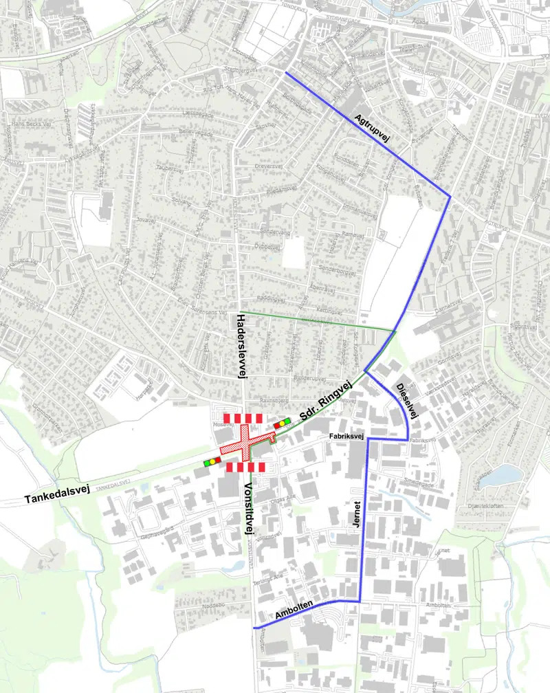Omkørsler i Kolding på grund af natligt asfaltarbejde ved Tankedalskrydset