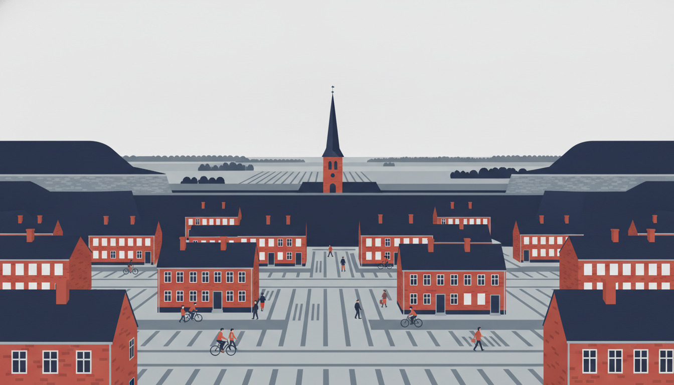 Fredericia festningsby set ned ad en gitterformig gade, flankeret af røde mursten-bygninger med hvide vinduer, en fremtrædende kirketaarn, befæstningsvolde og fladt jysk landskab i baggrunden.