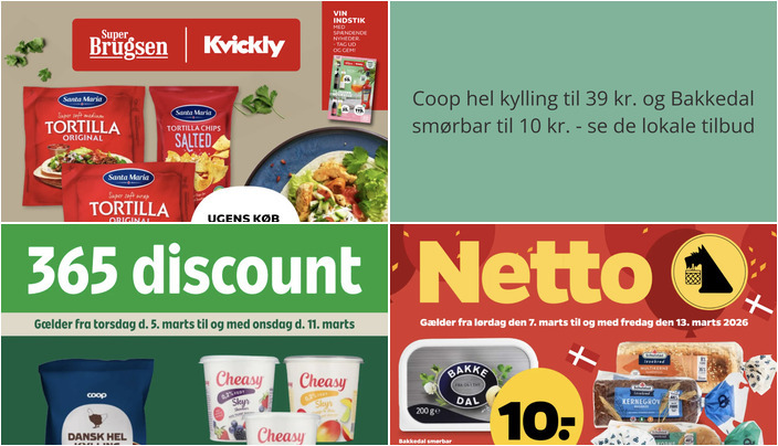 Coop hel kylling til 39 kr. og Bakkedal smørbar til 10 kr. - se de lokale tilbud