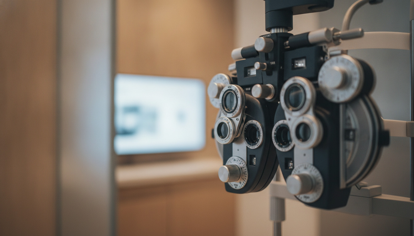 Tætbillede af optometrisk testudstyr med præcisionlinser og målediale i varm klinisk belysning.