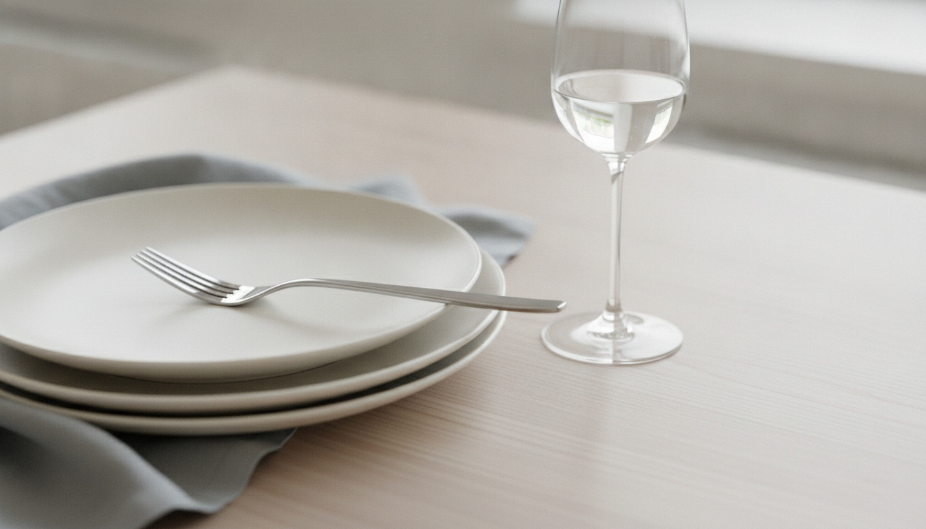 Elegant borddækning med stablede hvide tallerkener, gaffel, vandglas og grå servietter på lyst bord.