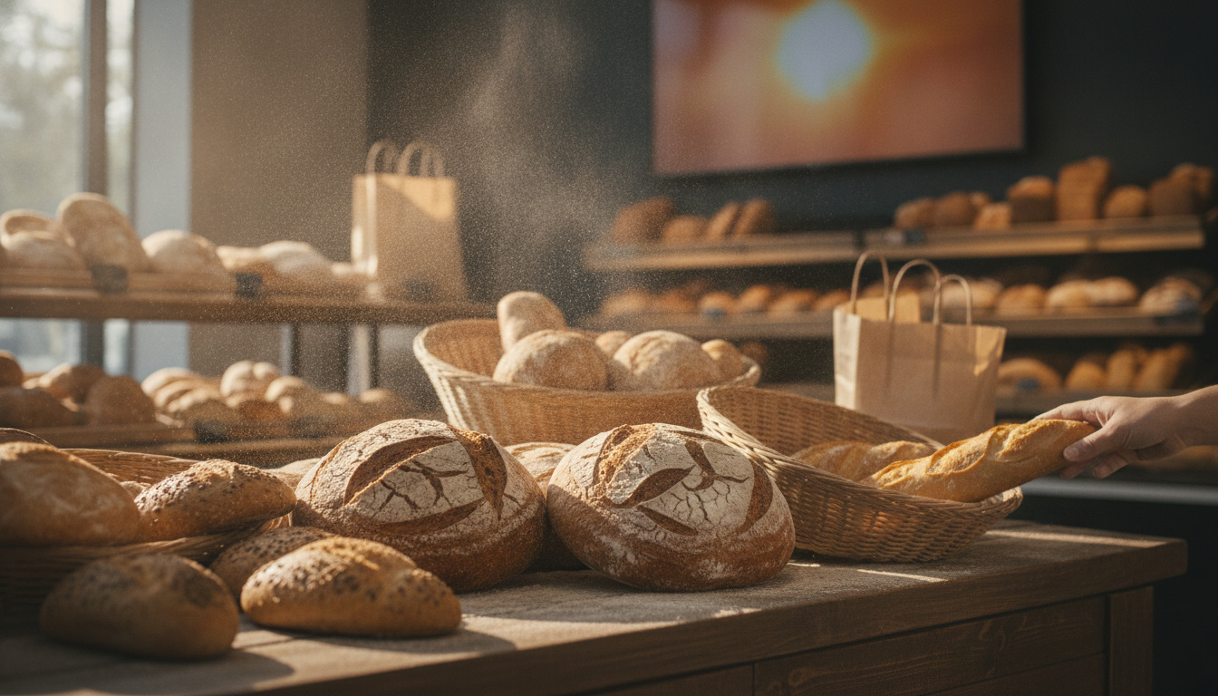 Tæt optagelse af frisk brød og bagværk på træbord med sourdough og rundstykker i varmt morgenlys.