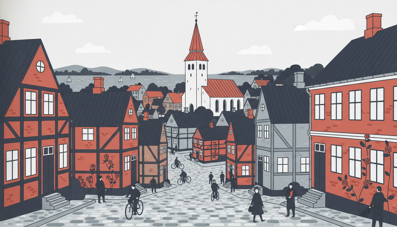 Charmerende havneby Ærøskøbing med hvidt kirkebyggeri med rødt kobbertag, bindingsværkshuse i varme røde og jordfarver, klatrende roser, kopestone-gader og øhavsudsigt på horisonten.