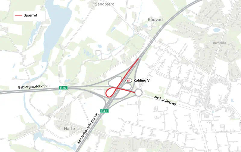 Asfaltarbejde spærrer frakørsel 64 Kolding V i sydgående retning og giver omkørsel