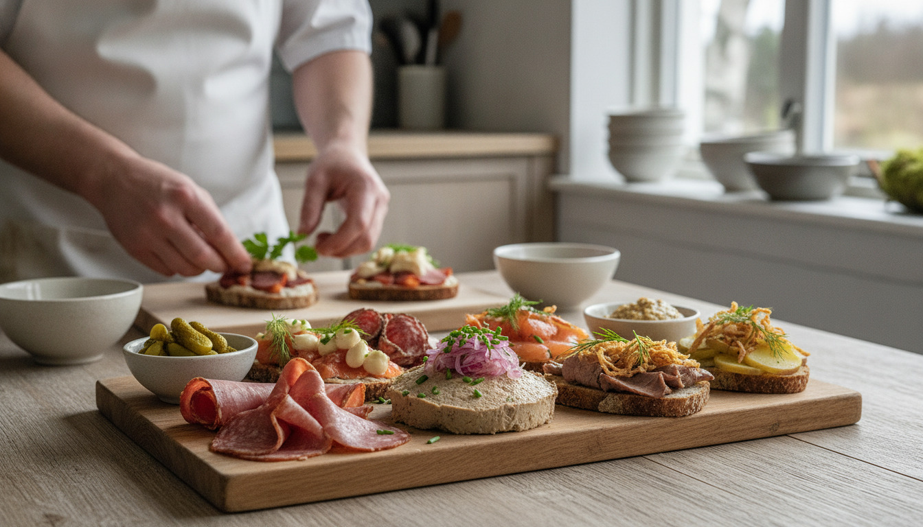 Nærfoto af hænder, der tilbereder åbne smørrebrød med spegepølse, pålæg og friske urter på et træbræt i naturligt lys.