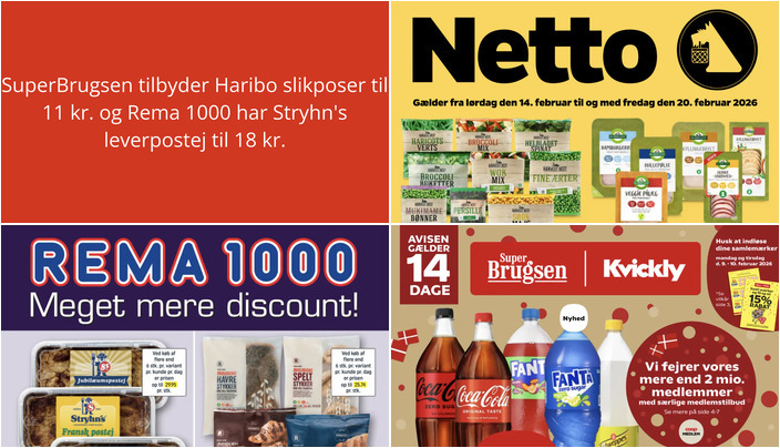SuperBrugsen tilbyder Haribo slikposer til 11 kr. og Rema 1000 har Stryhn's leverpostej til 18 kr.