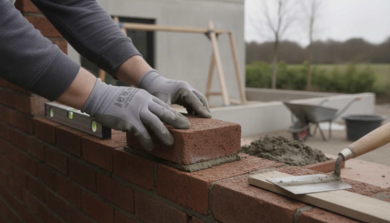 Tæt på: arbejderhænder i grå handsker lægger røde mursten i mørtel med spartel og vaterpas i arbejde.