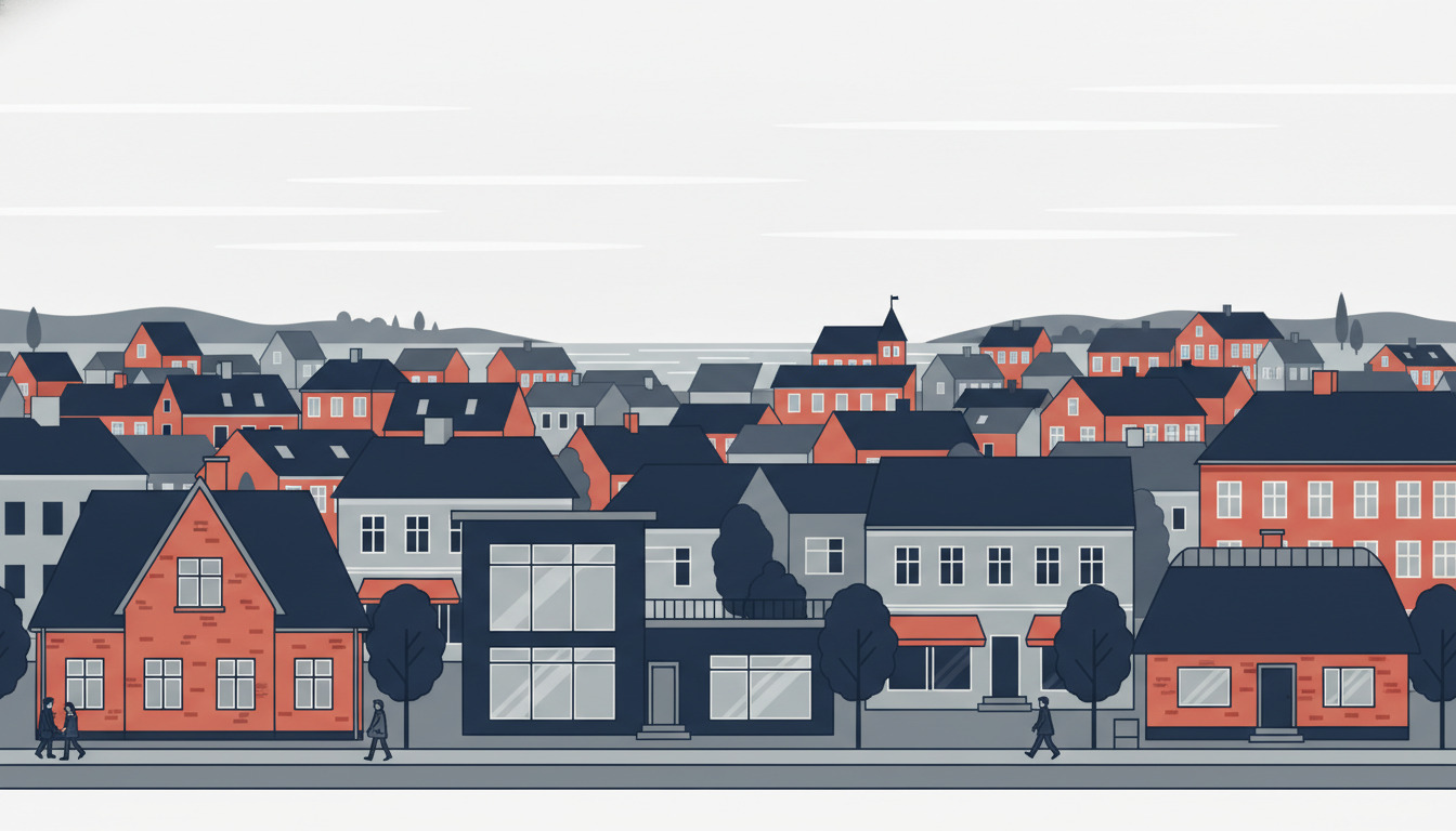 Fladt vektorillustration af en dansk kystbeboelsesvej med traditionelle røde og grå huse med stejlt tag, moderne villaer med store vinduer og tage med stejl taghældning. Træer, fjerne tage og et kystnær landskab ved Limfjorden skaber et typisk gadebillede fra Lemvig.