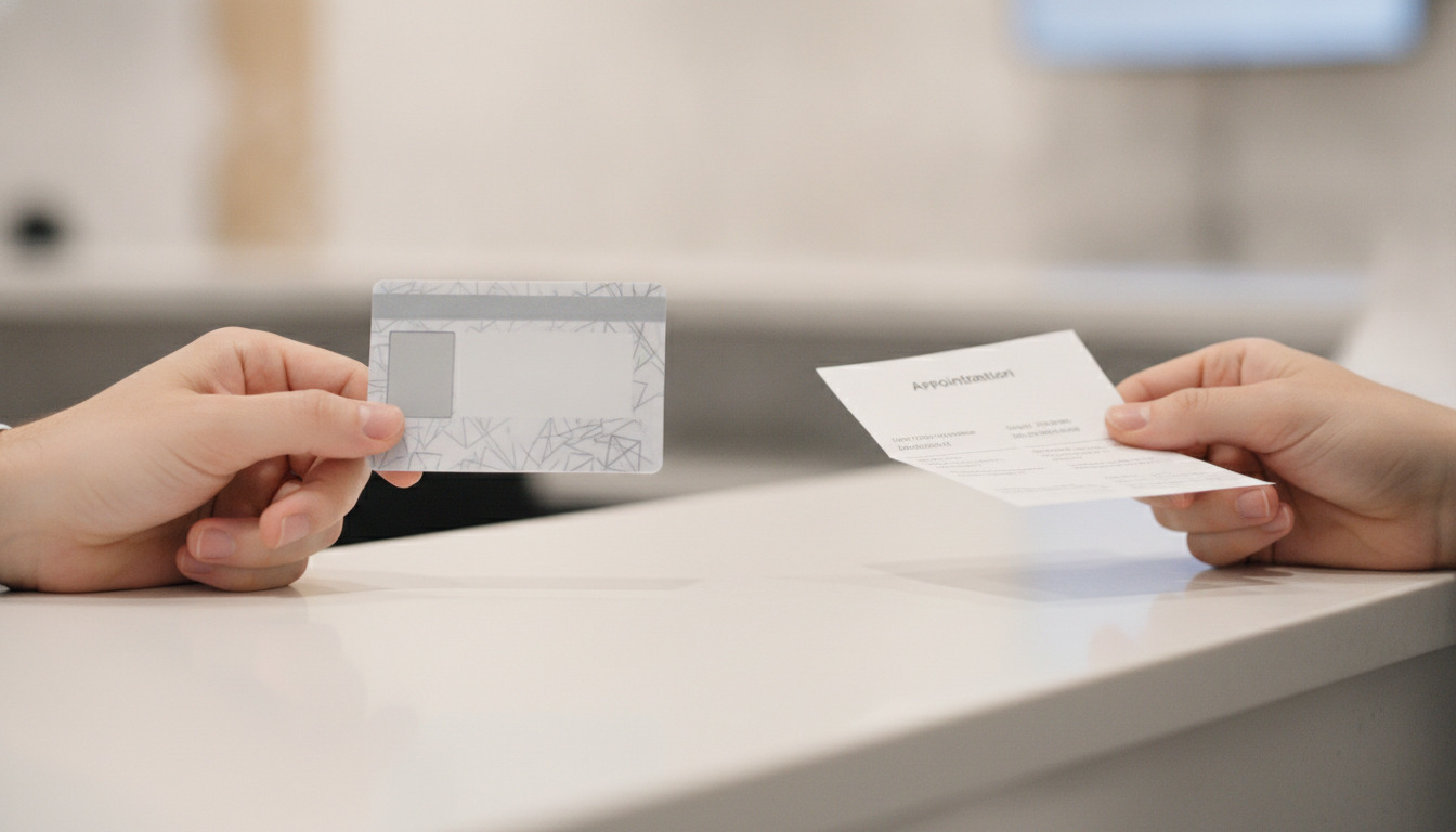 To hænder holder et ID-kort og en papirkopi ved et skrivebord i et administrativt kontor med blurred baggrund.