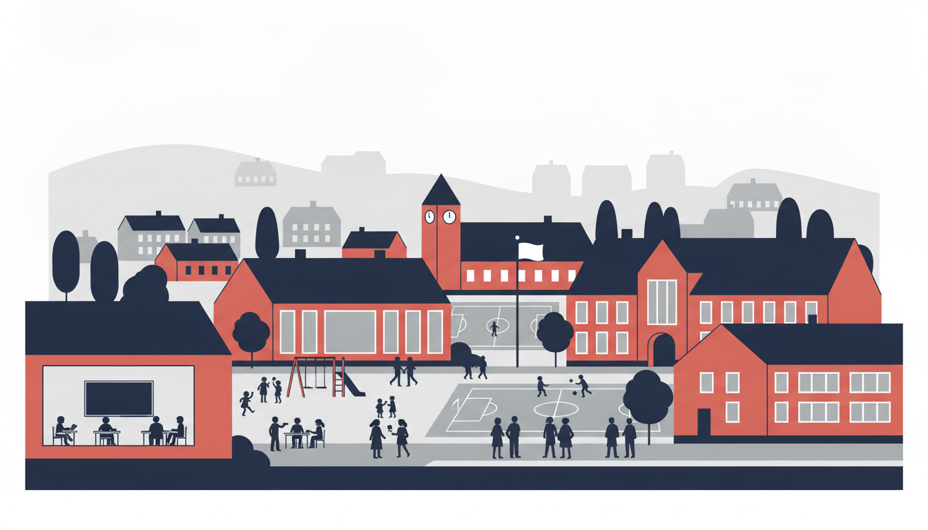 Dansk skolegård med røde mursten-undervisningsbygninger, klokketårn, børn der leger og lærer både udenfor og indenfor, som afspejler Fåborgs mangfoldige skoletradition.