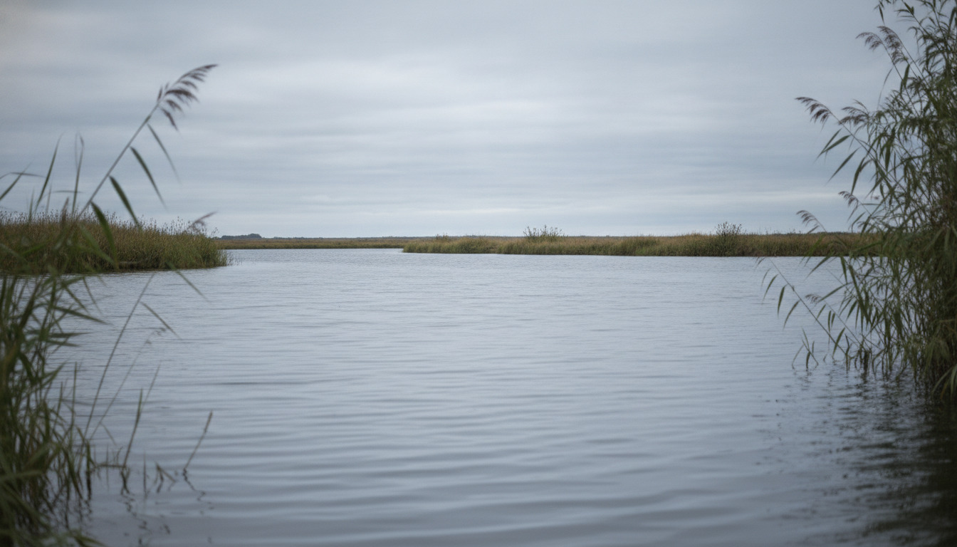 Rolig flodoverflade med siv og vidje i ufokus, bølger reflekterer grå nordisk lys.