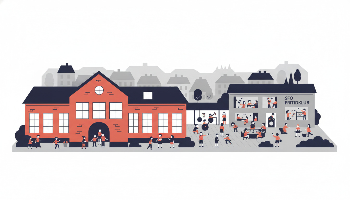 Fladt vektorillustreret billede af en dansk skole med varm orange-rød mursten bygning, store vinduer og indbydende indgang. Børn ankommer og leger på gårde. Tilstødende SFO fritidsklub bygning vist med aktive fritidsaktiviteter, musikundervisning og mangfoldige læringsrum. Typisk skandinavisk arkitektur med grå boligbygninger i baggrunden.