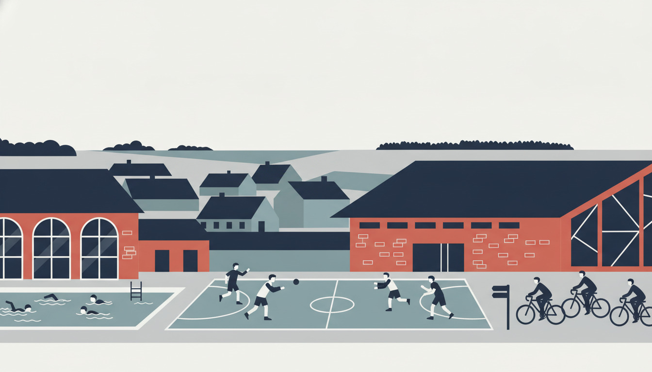 Flade illustration af Tønder med sportshaller i rødt mursten, svømmere i bassinet, håndboldspillere på bane og cyklister – aktiv fritidsliv mod fladt sønderjysk landskab.