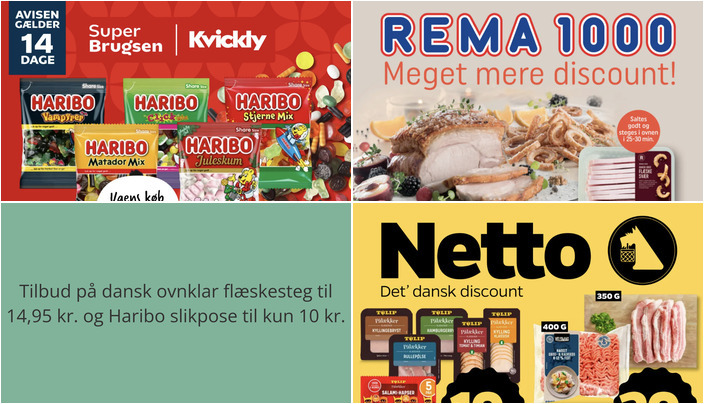 Tilbud på dansk ovnklar flæskesteg til 14,95 kr. og Haribo slikpose til kun 10 kr.