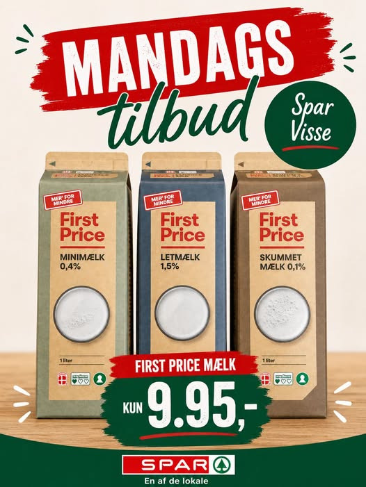 SPAR Visse har First Price mælk til 9.95 kr. hver mandag
