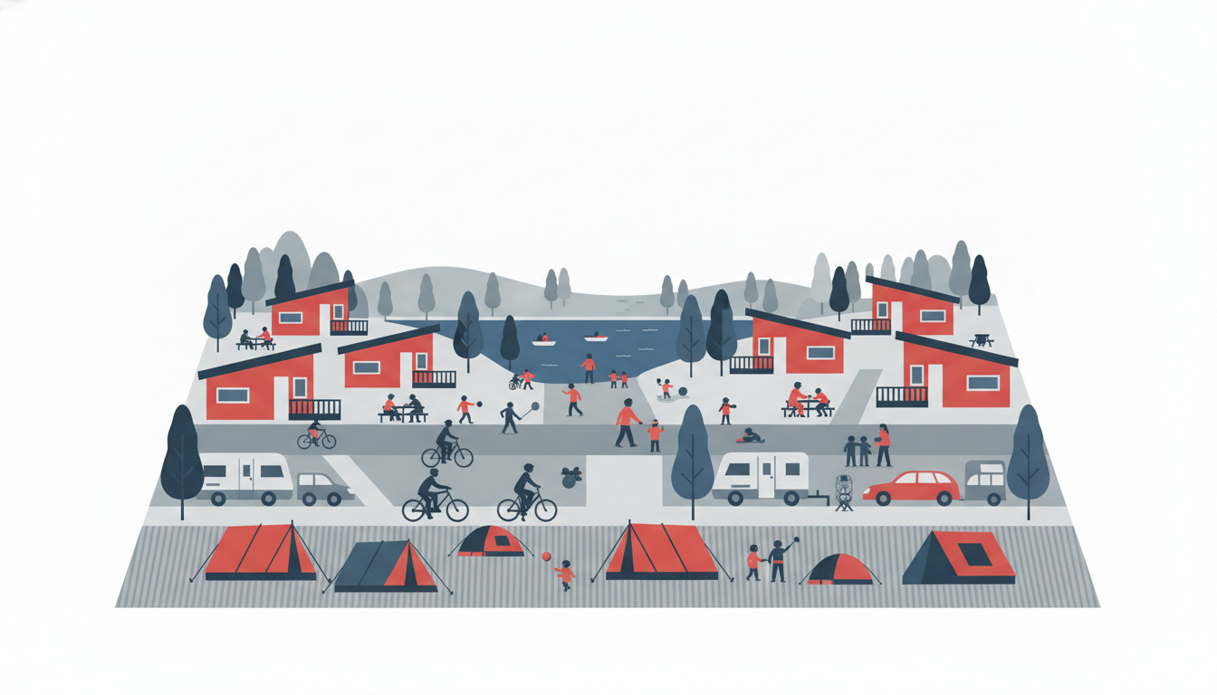 Farbrik sommerkampingscene med røde hytte, telte, campingvogne, mennesker, cykler, sø og skovbakke i baggrunden.