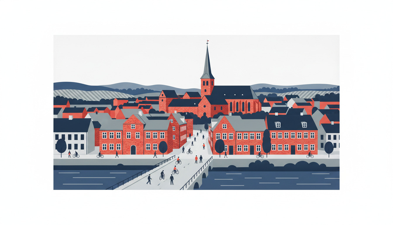 Stiliseret flatvector af Sønderborg med røde mursten-byhuse, kirketårn centralt, Alssund-strædet med bro i forgrunden og slot bag tage.