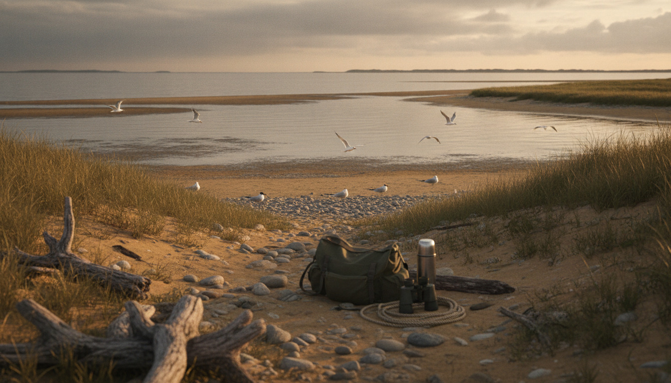 Nærbillede af dansk strand med dødt træ, små sten og saltmarskgræs i gylden aftenlys, med fugle i luften.