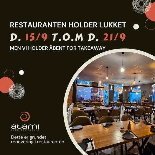 Atami Sushi Kolding lukker midlertidigt for bordreservationer men tilbyder stadig takeaway