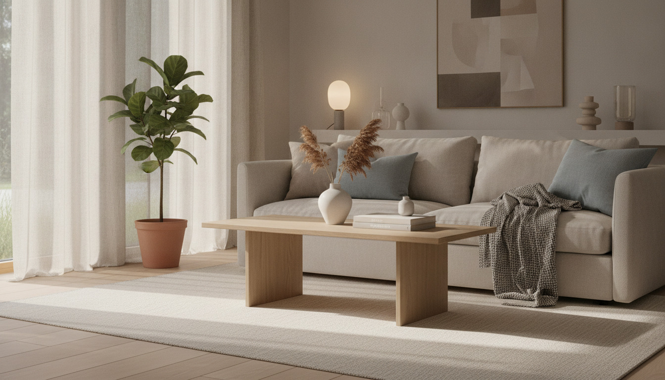 Moderne stue med beige sofa, træbord, grønne planter og naturligt lys fra vindue med gardiner.