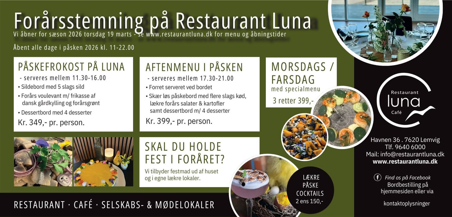 Restaurant Luna Lemvig genåbner den 19. marts med nye menuer og påsketilbud
