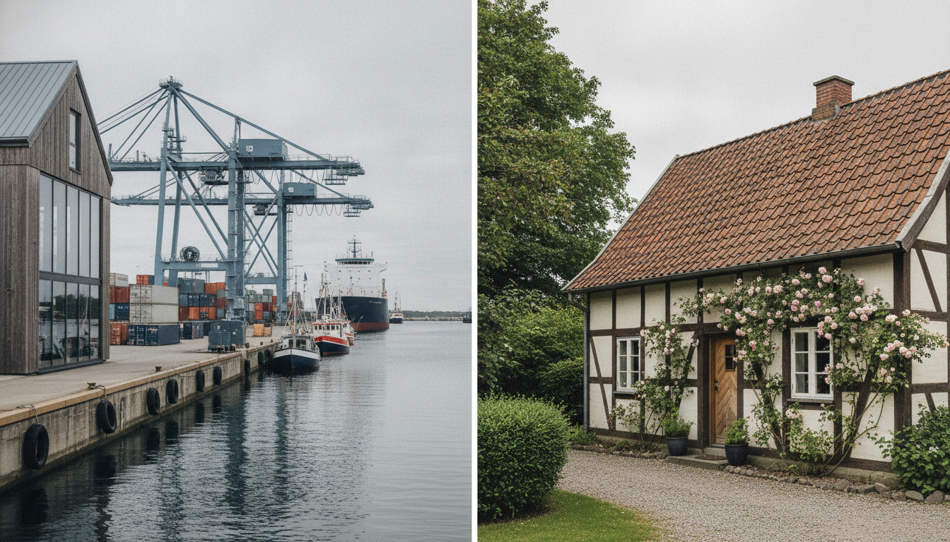 To the left: en moderne havn med industrielle kraner og containerskibe. Til højre: et traditionelt halvt-tømret hus med klatrende roser.